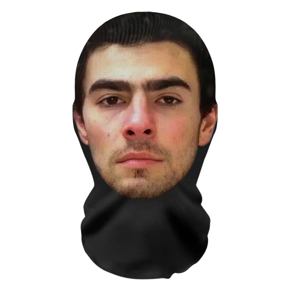 A realistic 3D face mask covering the lower face and neck of a male model.