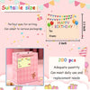 A set of 200 birthday and party favor tags in pink and yellow colors displayed on a pink gift box.