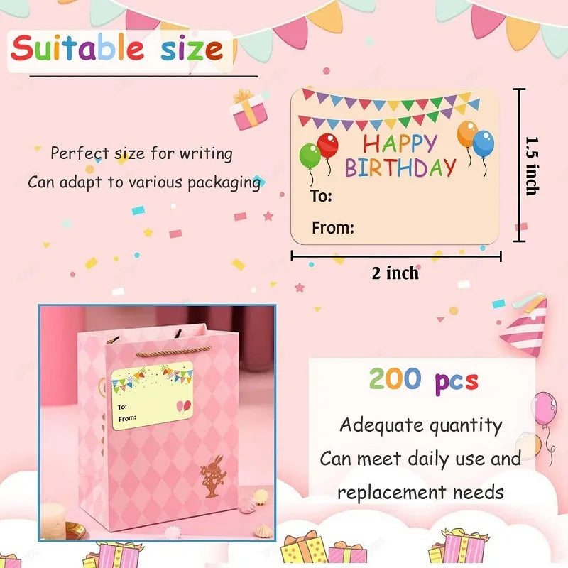 A set of 200 birthday and party favor tags in pink and yellow colors displayed on a pink gift box.