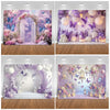 A photo backdrop featuring a dreamy purple and pink floral arrangement with butterflies and glowing lights for events.