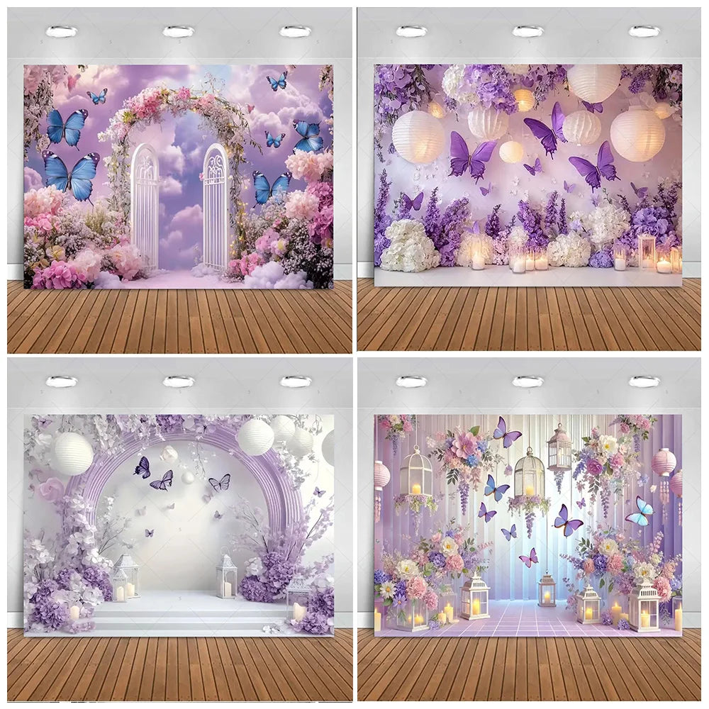 A photo backdrop featuring a dreamy purple and pink floral arrangement with butterflies and glowing lights for events.