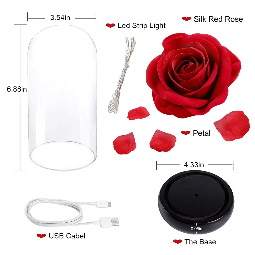 A clear glass light fixture simulating a silk red rose flower with an LED strip light and USB cable.