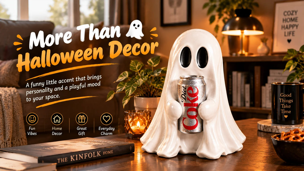 A white ghost figurine holding an aluminum soda can, used as Halloween decor.