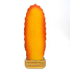 Hand-painted resin statue of Our Lady of Guadalupe with an orange and yellow gradient finish mounted on a gold base