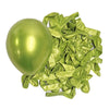 A bunch of metallic lime green latex balloons and a single shiny green balloon.
