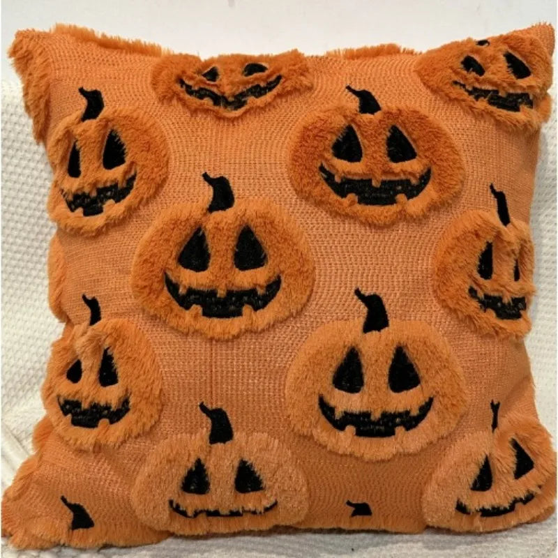 An orange plush pumpkin ghost pillow cover with carved faces for Halloween decor