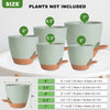A set of five light green self-watering plant pots shown with various diameters and heights.