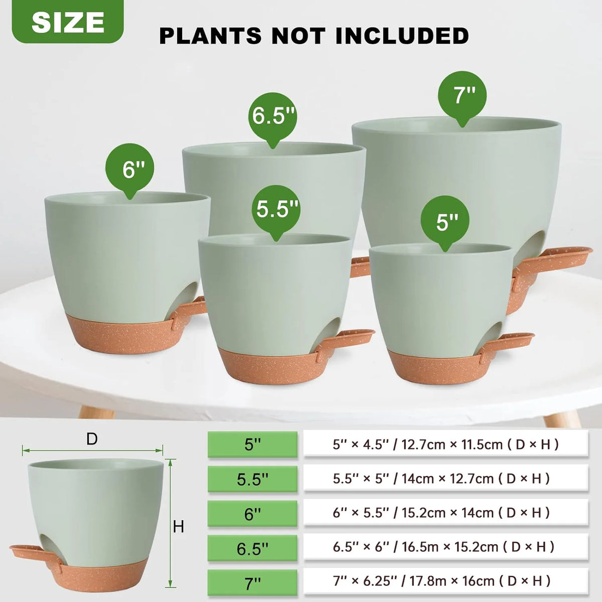 A set of five light green self-watering plant pots shown with various diameters and heights.