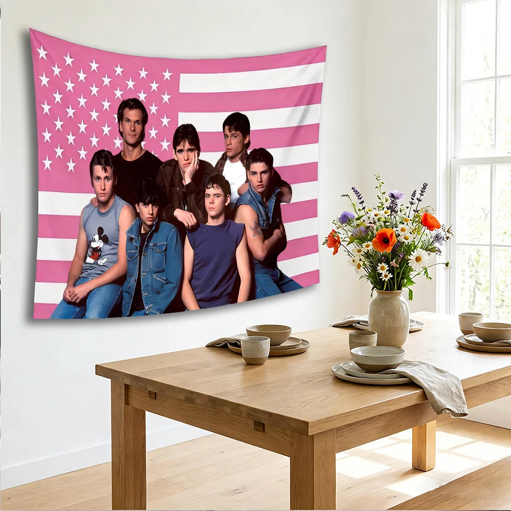 Pink retro American flag tapestry featuring a vintage-inspired design with several people.