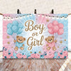 A pink and blue balloon banner decoration set featuring teddy bears for a gender reveal party.