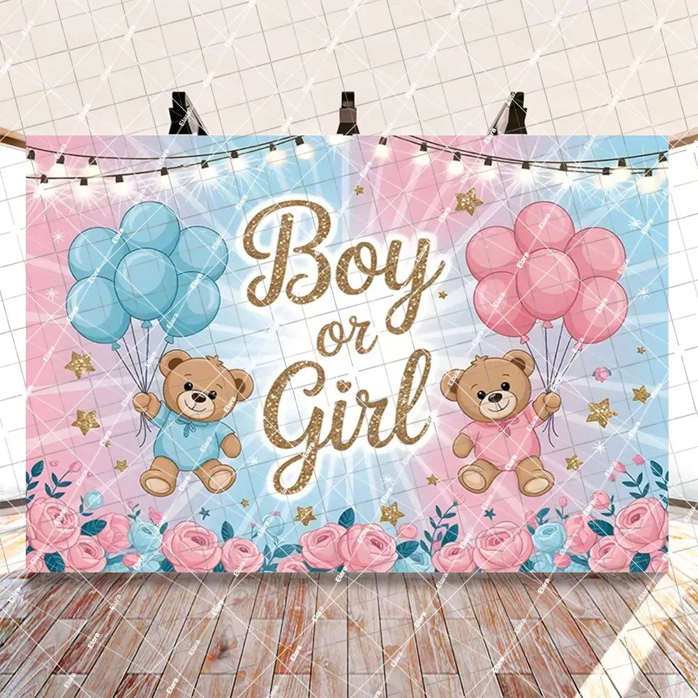 A pink and blue balloon banner decoration set featuring teddy bears for a gender reveal party.