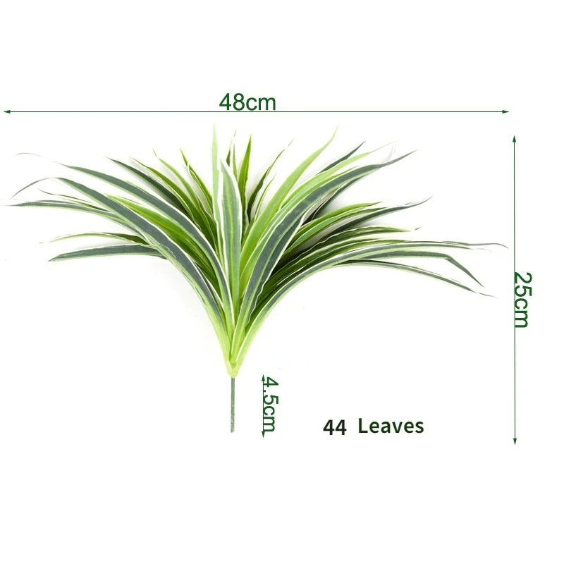 A branch of artificial chlorophytum leaves showing green and white stripes, measuring 48cm long.