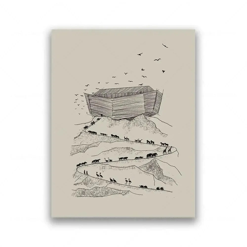 Dibujo de línea monocromática de personas y animales siguiendo un camino hacia una estructura, con pájaros volando sobre ello