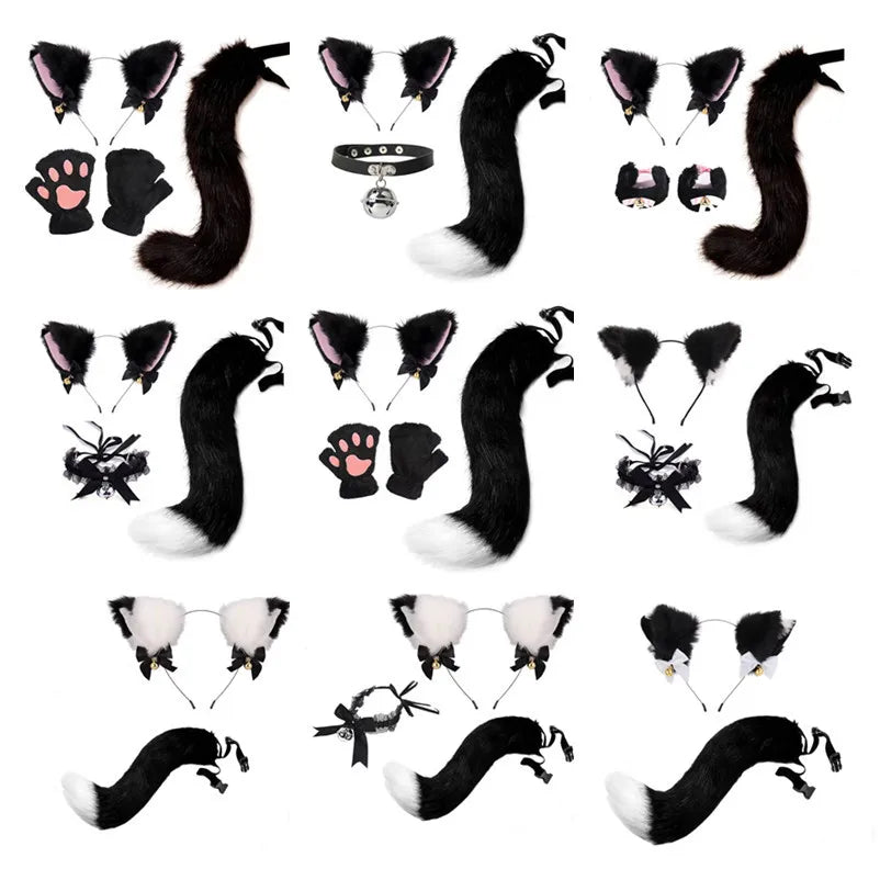 A set of black furry cat ear headband and tail costume featuring various styles.
