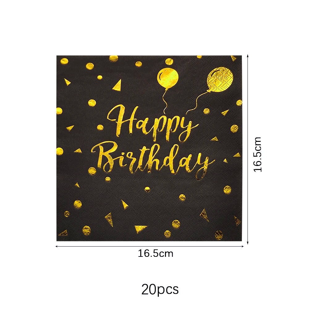 Black disposable dinnerware set with gold confetti and Happy Birthday text