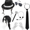 A set featuring a sparkly sequin disco hat, black tie, and silver glitter gloves.