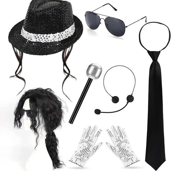 A set featuring a sparkly sequin disco hat, black tie, and silver glitter gloves.