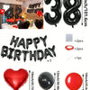 A set of red and black foil number balloons, heart shaped balloons, and round balloons for birthday decorations.