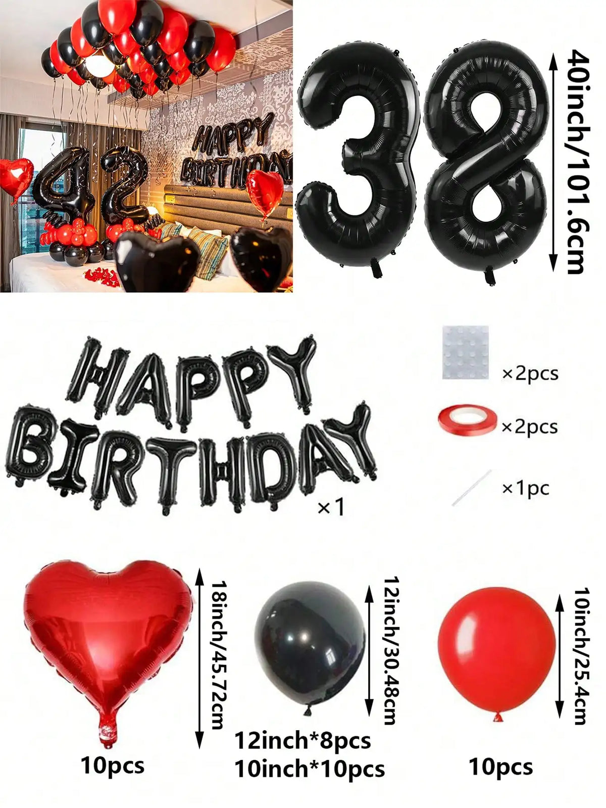 A set of red and black foil number balloons, heart shaped balloons, and round balloons for birthday decorations.