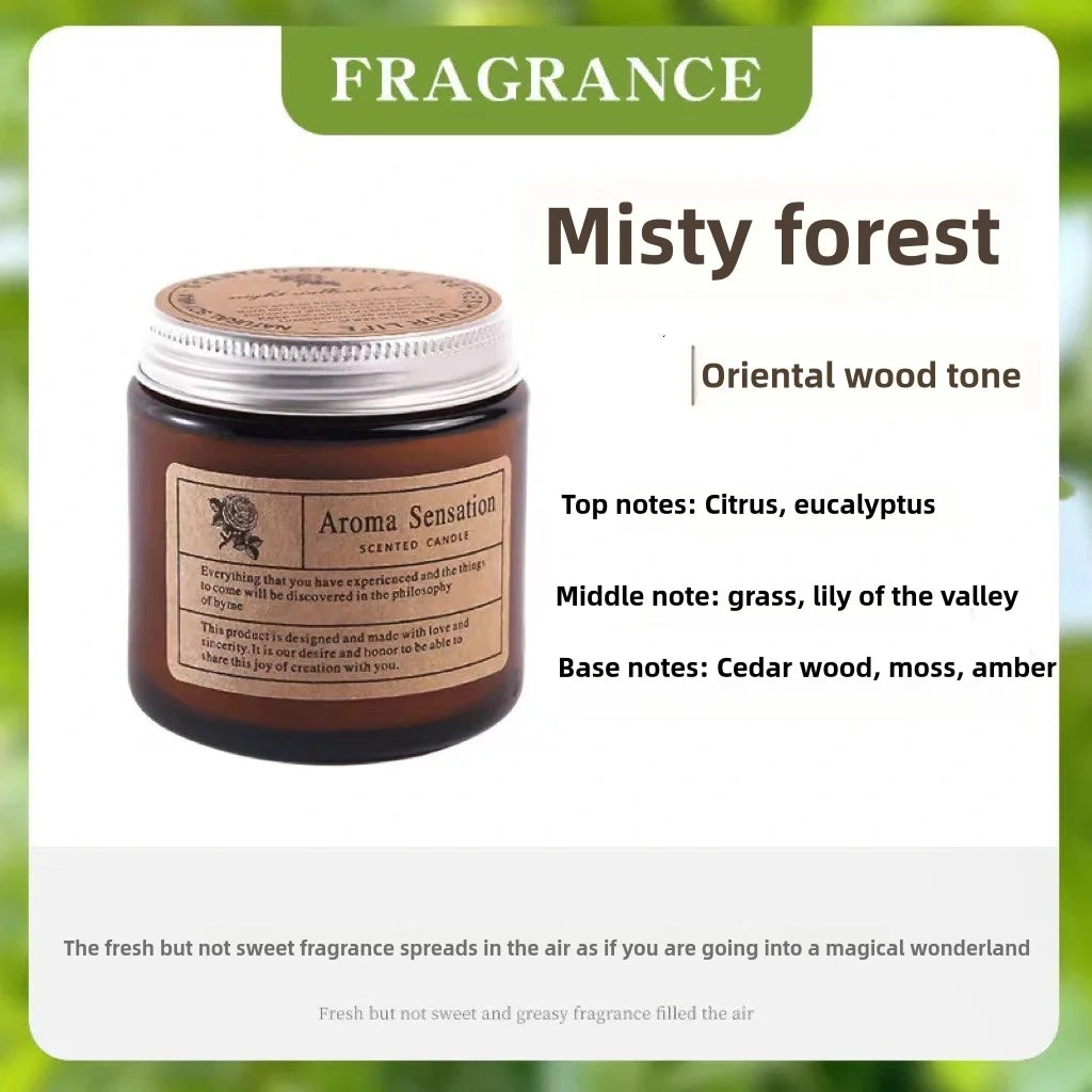 A jar of Misty forest scented candle with a silver lid and a label detailing the scent notes.