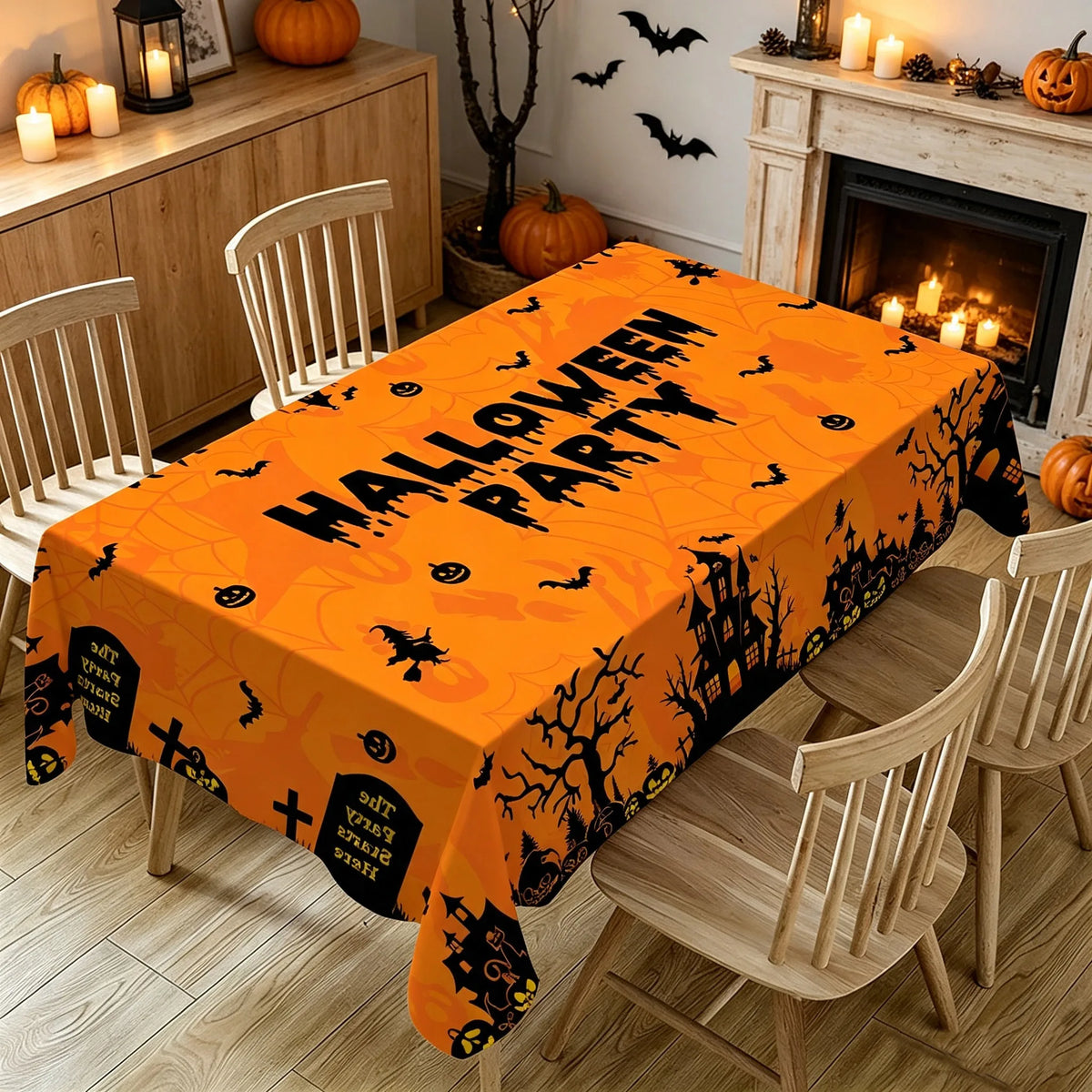 Orange tablecloth with black Halloween pumpkin and ghost pattern set for a party