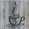 Black metal wall decor of a steaming cup silhouette on a wooden background