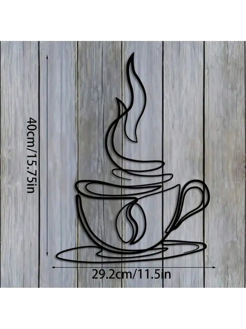 Black metal wall decor of a steaming cup silhouette on a wooden background