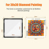 A customizable frame designed for 30x30 diamond paintings, showing a blank frame and an example of a finished painting.