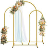 Gold metal arch backdrop stand set of three with sheer white draping and floral arrangements