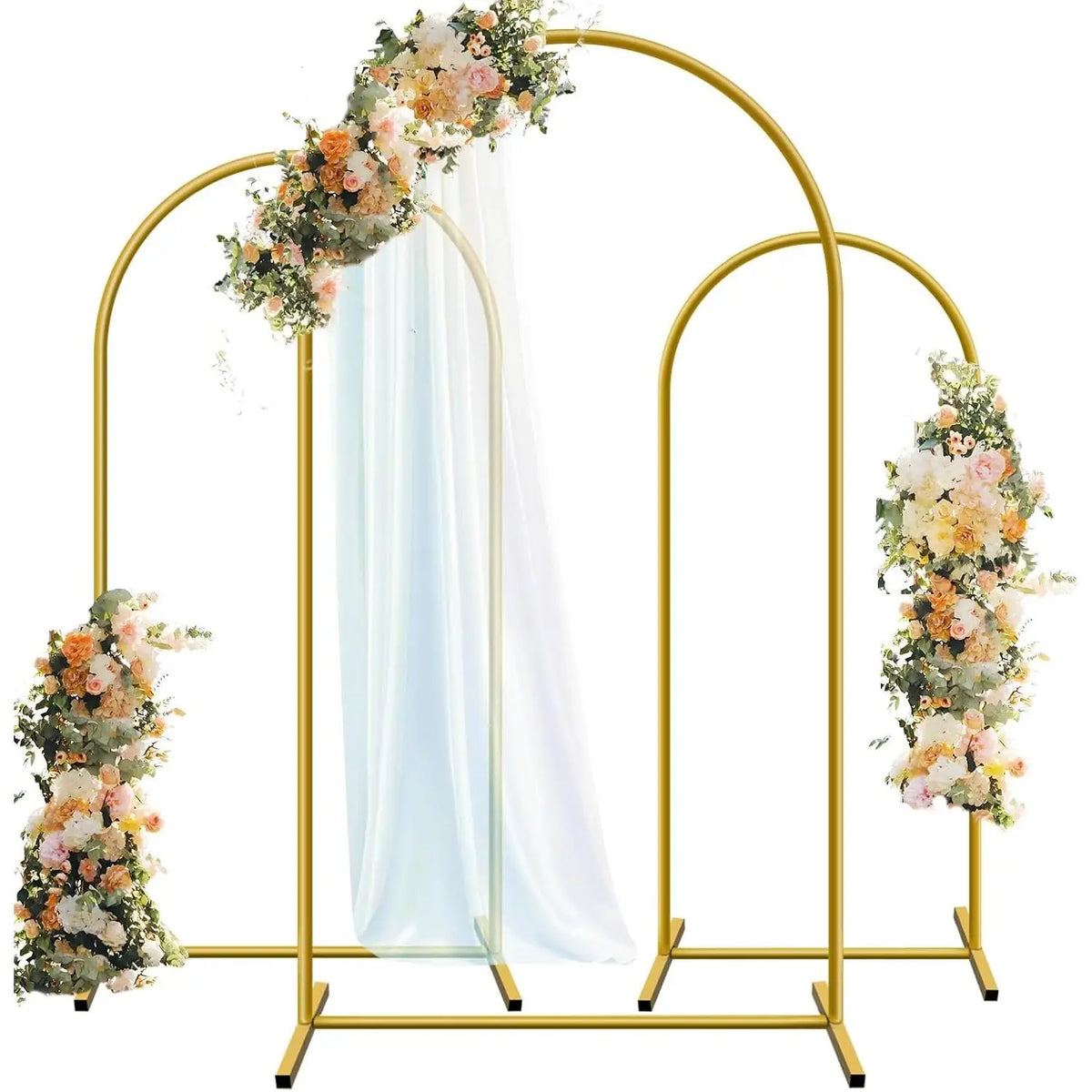 Gold metal arch backdrop stand set of three with sheer white draping and floral arrangements