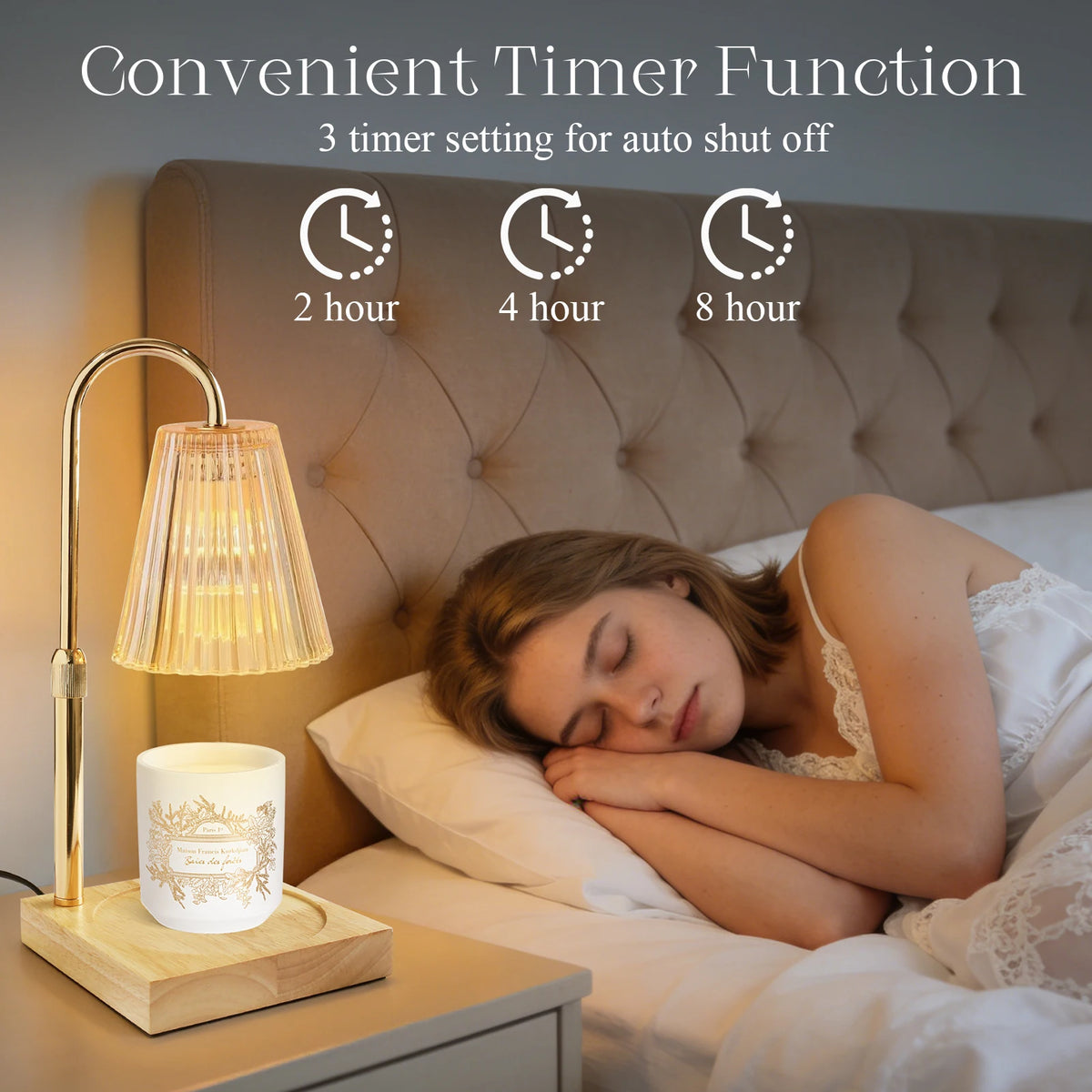 Vintage elektrischer Wachs-Duft-Diffusor mit Timer neben einer Frau, die im Bett schläft.