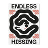 Black and white graphic print featuring an endless coiled snake design with the word HISSING above it.