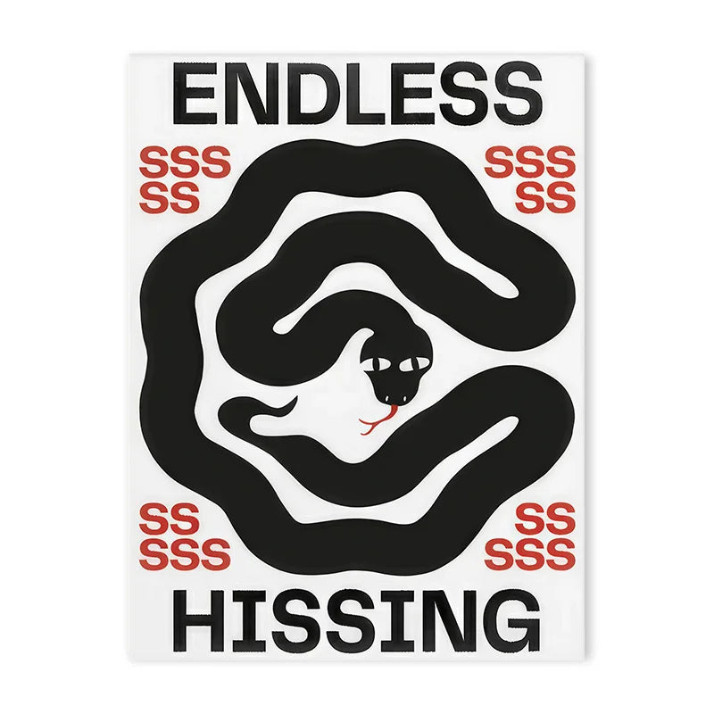 Black and white graphic print featuring an endless coiled snake design with the word HISSING above it.