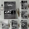 Black and white vintage racing poster featuring a Formula Grand Prix car on water.