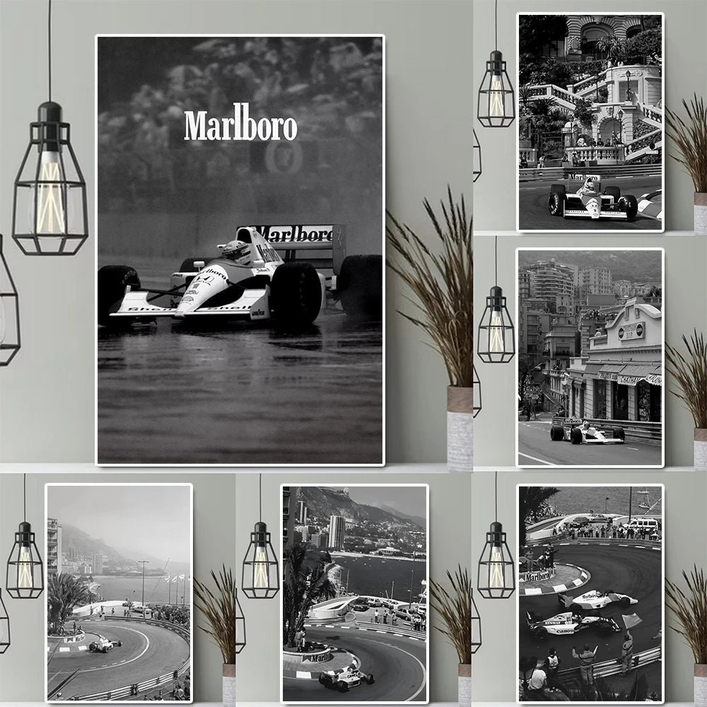 Black and white vintage racing poster featuring a Formula Grand Prix car on water.