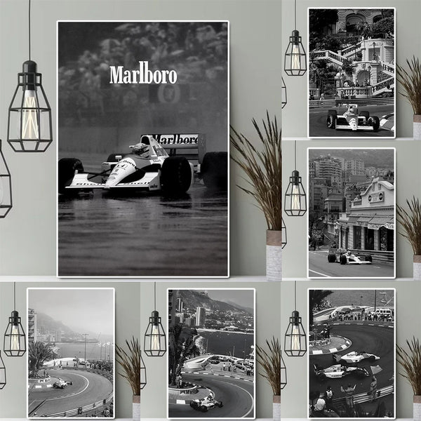 Black and white vintage racing poster featuring a Formula Grand Prix car on water.