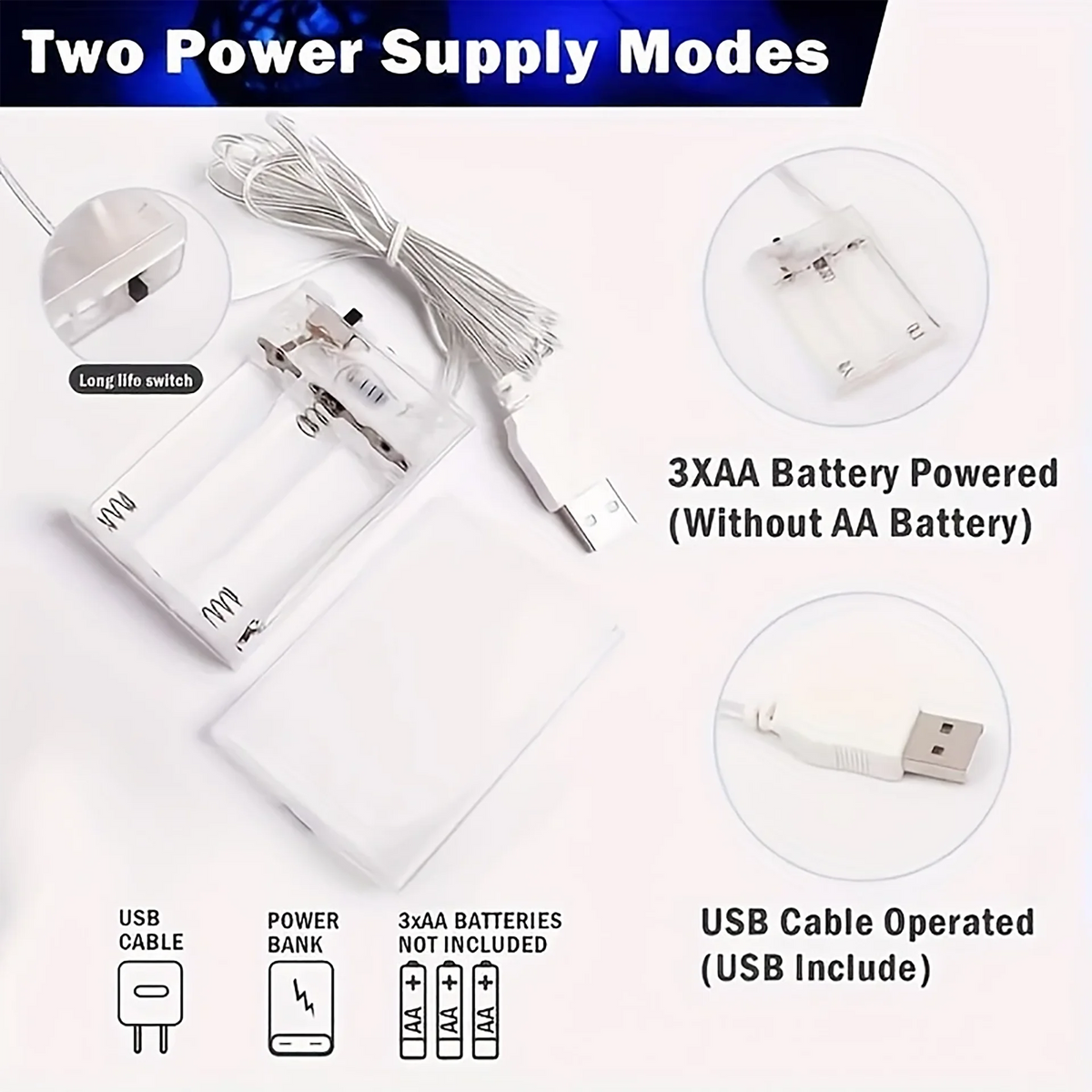 Two power supply modes shown for a LED neon sign, including a long life switch and USB cable operation.