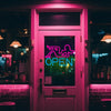 A pink door with a neon sign that reads OPEN in bright blue light.