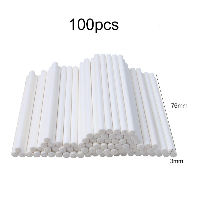 A collection of 100 white paper lollipop sticks with tie closures arranged in a fan shape.