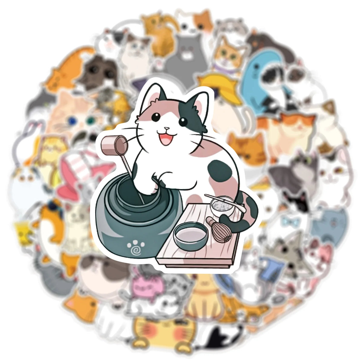 A circular collage of various cute cartoon cat stickers and illustrations.
