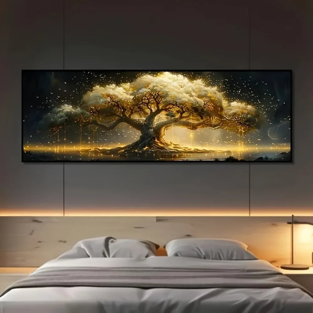 A large horizontal print of a majestic tree with golden light and sparkling elements against a dark sky.