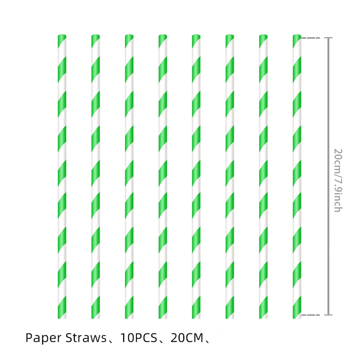A set of ten white and green striped paper straws shown vertically with a measurement scale.