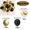 A set of black and gold confetti balloons, including 30 pieces, various sizes, and a single large balloon.