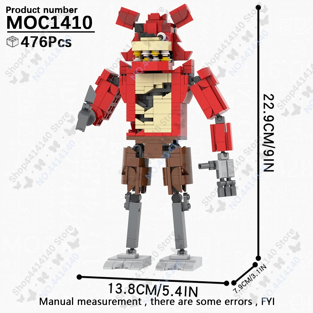 A red and yellow Five Nights at Freddy's character model built from building blocks.