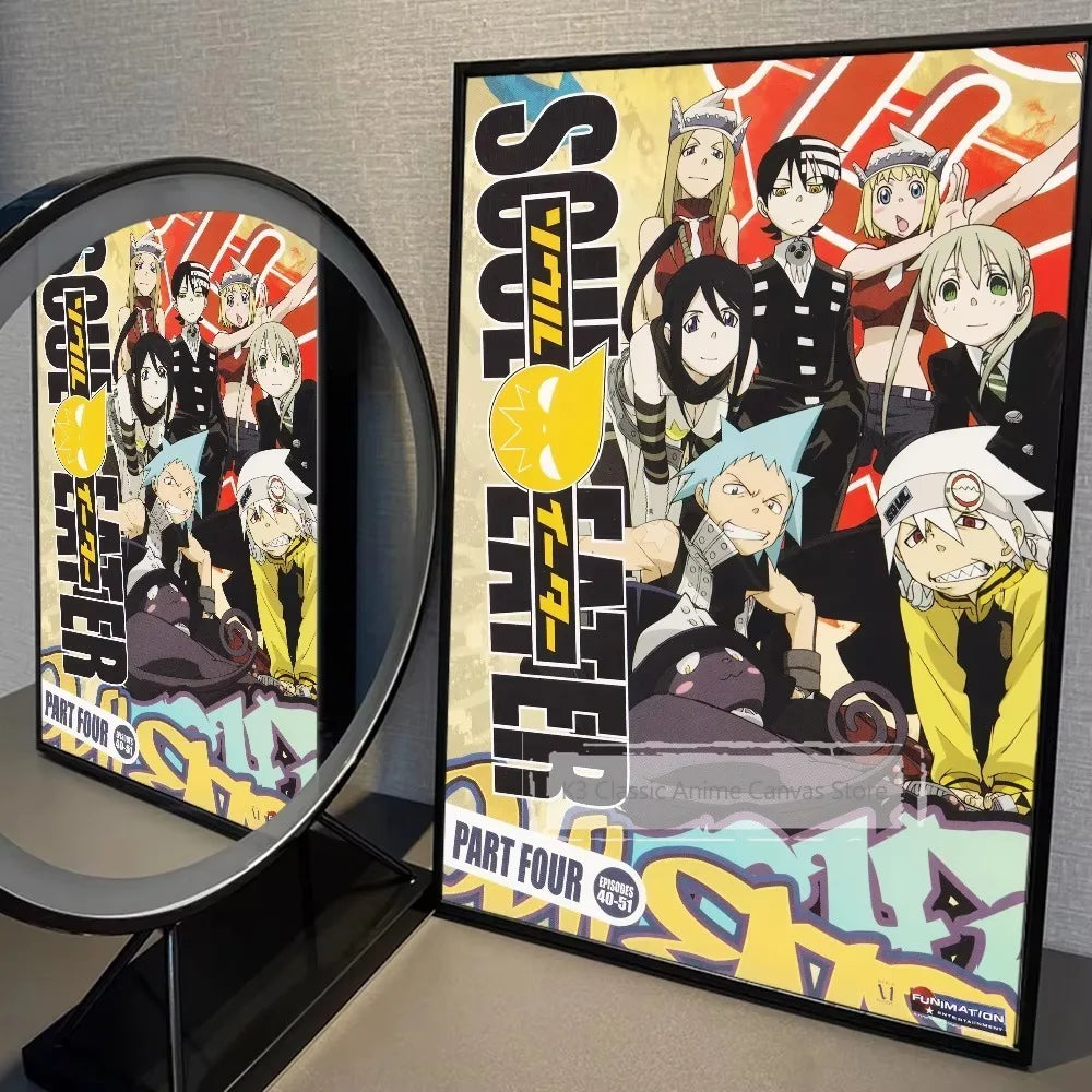 A framed poster of the Soul Eater anime characters in a dynamic style featuring bright colors and bold text.