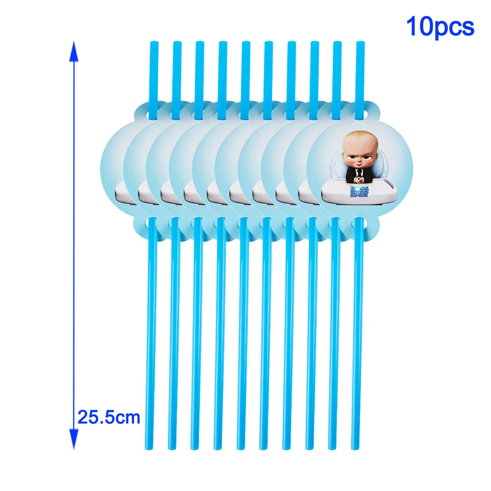 A set of 10 baby boss themed party decorations and disposable tableware featuring blue plastic straws and a figurine.