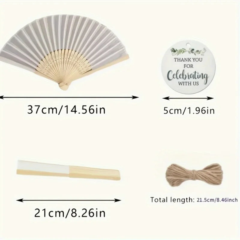 A bridal handheld folding fan set featuring a light gray fan and a beige ribbon.