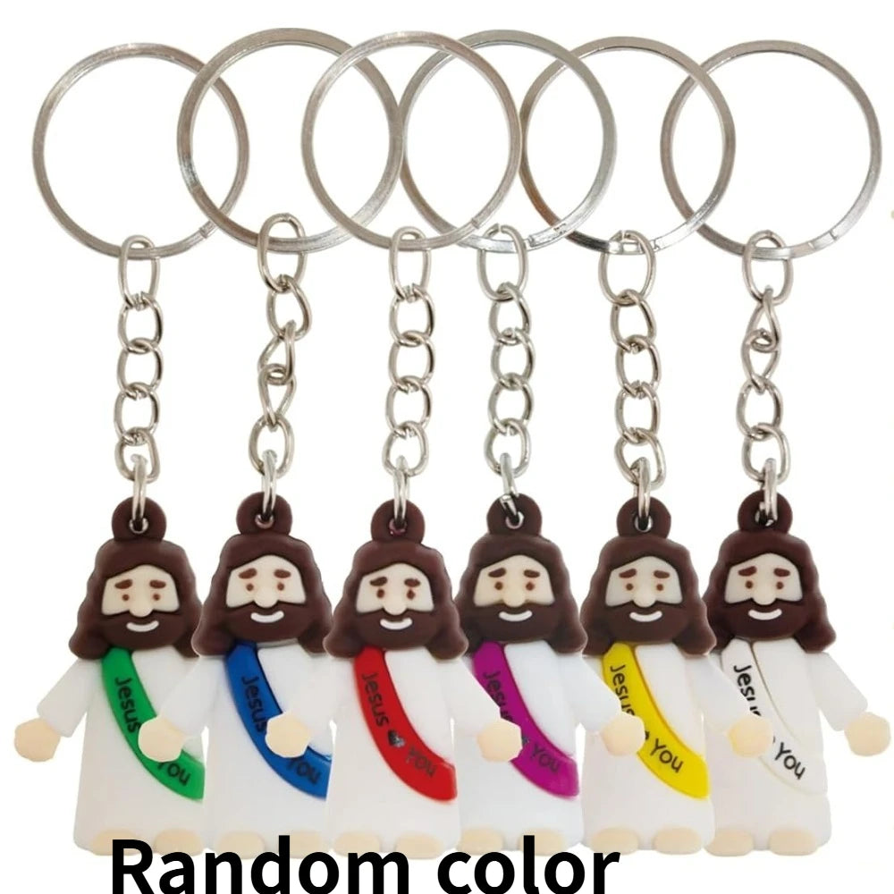 Set aus sechs Mini-Edelstahl-Schlüsselanhängern mit der Aufschrift „Jesus Loves You“ in verschiedenen Farben.