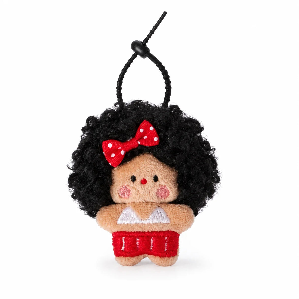 A black, fluffy plush animal with a red bow and orange body, attached to a black loop.
