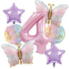 A set of seven pink butterfly and number balloons for a birthday party decoration